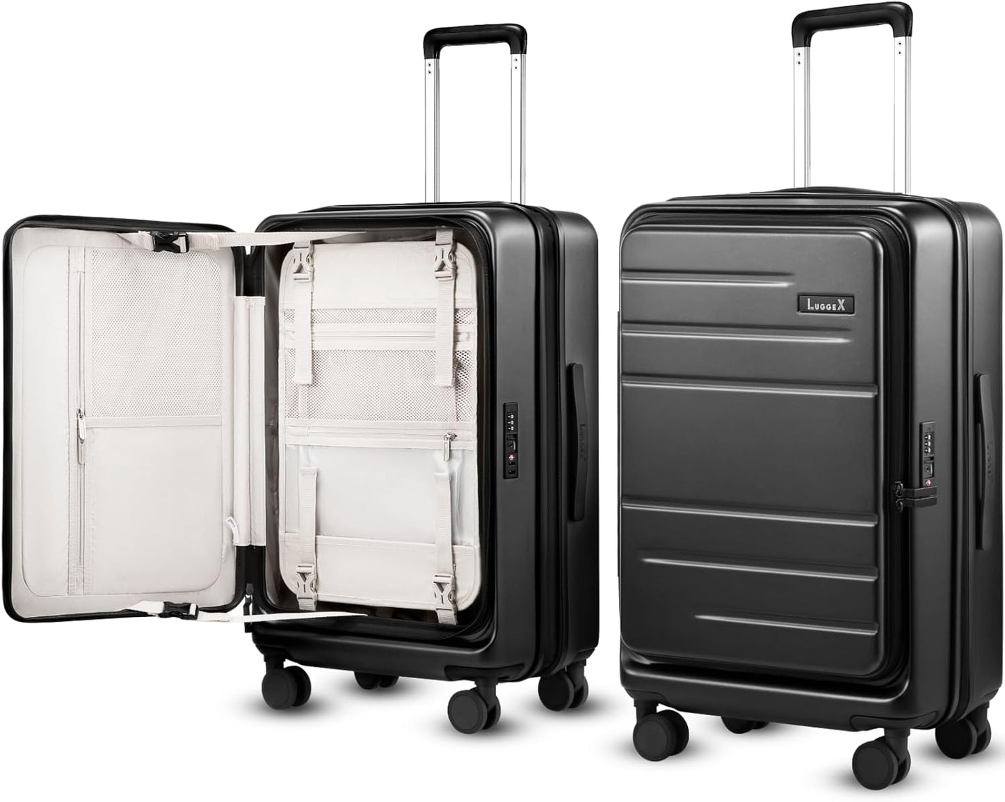 Checked Luggage with Spinner Wheels, FLO5 Expandable Polycarbonate Hard Shell Suitcase with TSA Approved Lock (FX-Core, Black, 24 Inch)