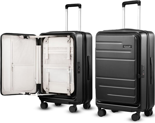 Checked Luggage with Spinner Wheels, FLO5 Expandable Polycarbonate Hard Shell Suitcase with TSA Approved Lock (FX-Core, Black, 24 Inch)