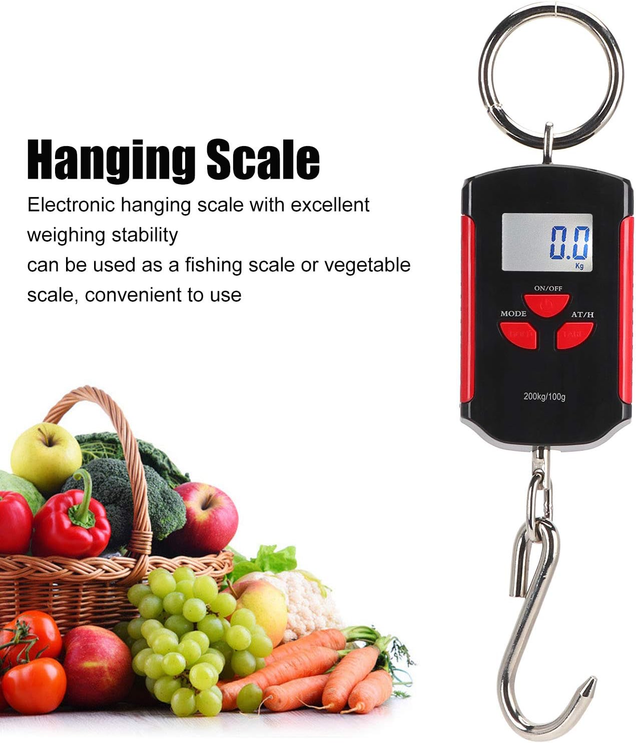 Digital Fish Scale, 200kg Digital Hanging Scale with Hook Backlit LCD Display Travel Accessories for Portable Hanging Baggage (Red)