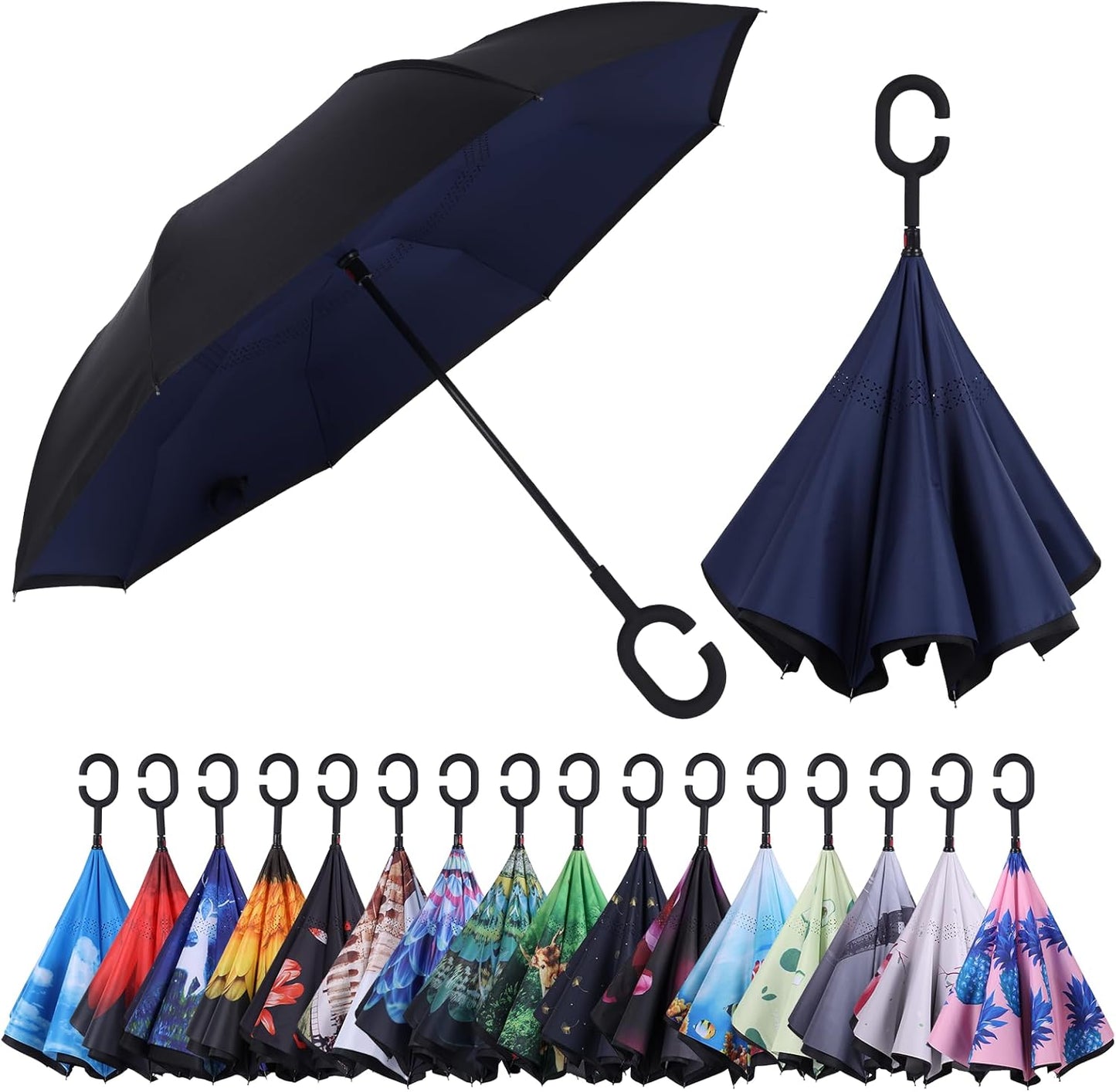 Inverted Umbrella, 49 Inch Double-Layer Vented Reverse Umbrella, Windproof Waterproof UV Protection, Lightweight C-Handle, Fiberglass Ribs, Steel Shaft, Travel/Commute/Car Use, With Sleeve