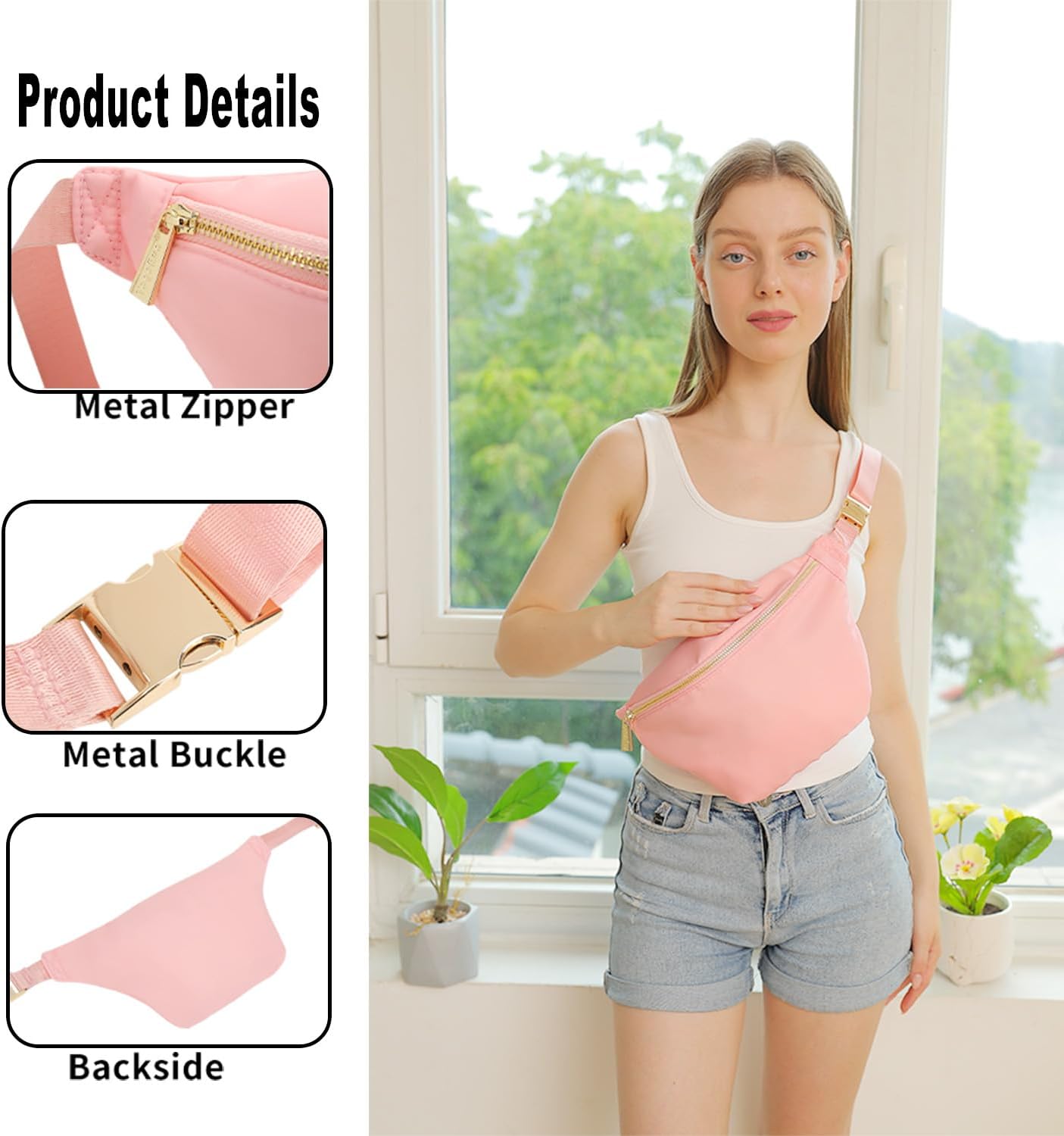 Fanny Pack Women Waist Pack Bag Pink Belt Pack Travel Crossbody Bag for Women Nylon (Pink)
