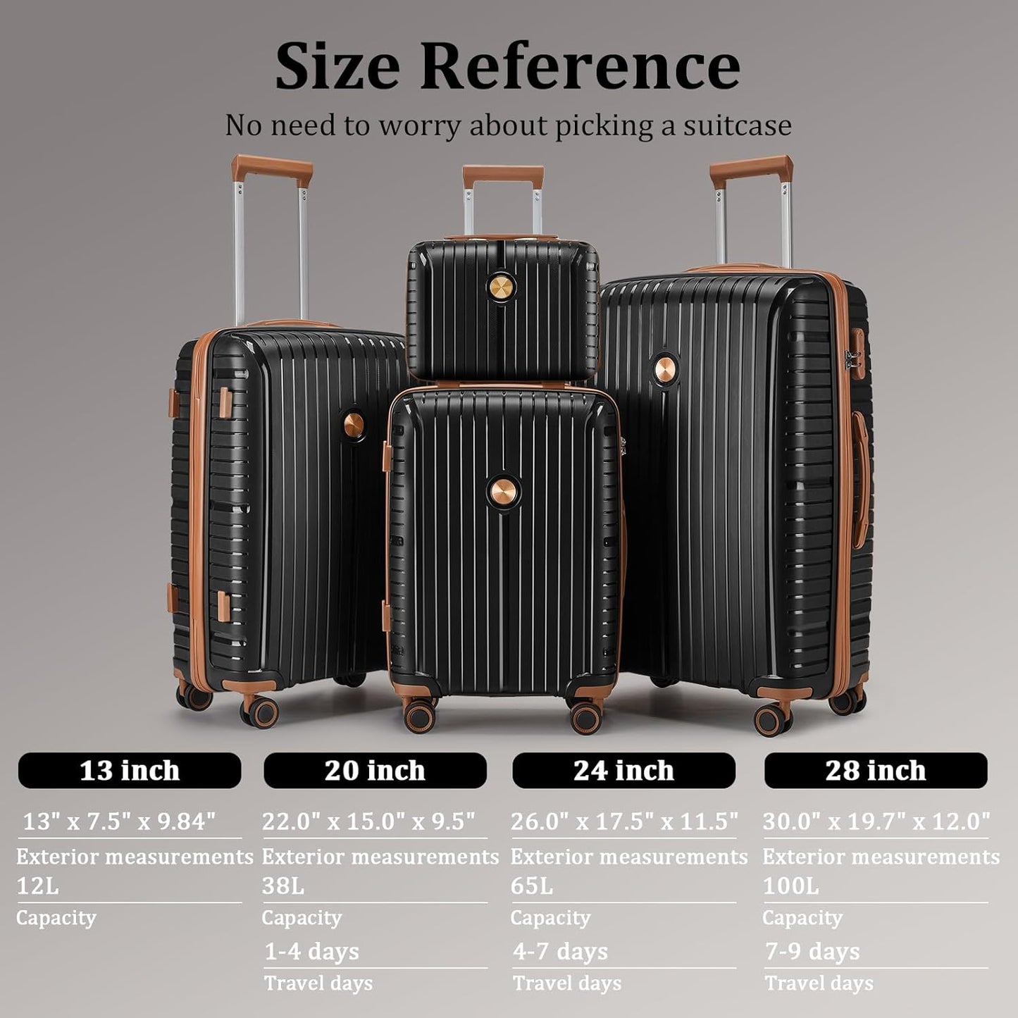 Joyway Luggage Sets 6 Piece PP Hardside Carry on Suitcase with Spinner Wheels and TSA Lock for Travel, Black Brown