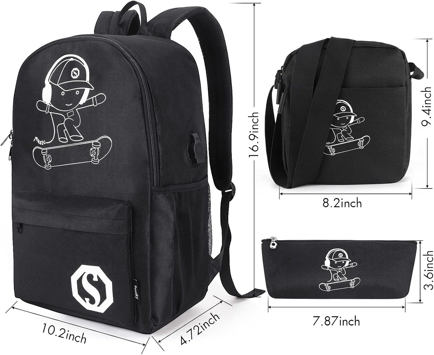 Skateboard Anime Luminous School Backpack with USB Charging Port, Anti Theft Lock, Sling Bag &