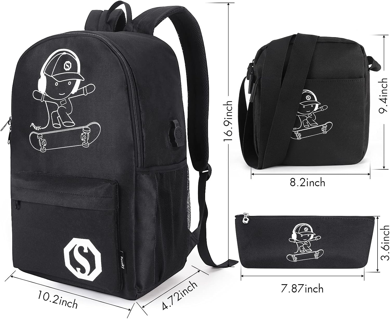 Skateboard Anime Luminous School Backpack with USB Charging Port, Anti Theft Lock, Sling Bag &