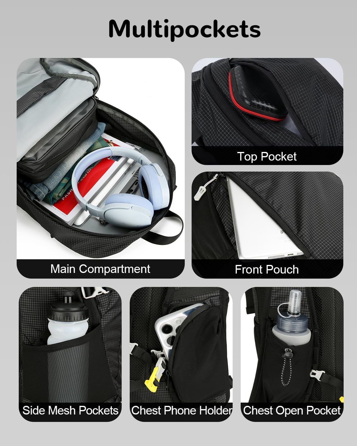 25L Small Nylon Waterproof Hiking Backpack with Phone Pouch for Men, Lightweight Hiking Daypack with Breathable EVA Back Support,Black