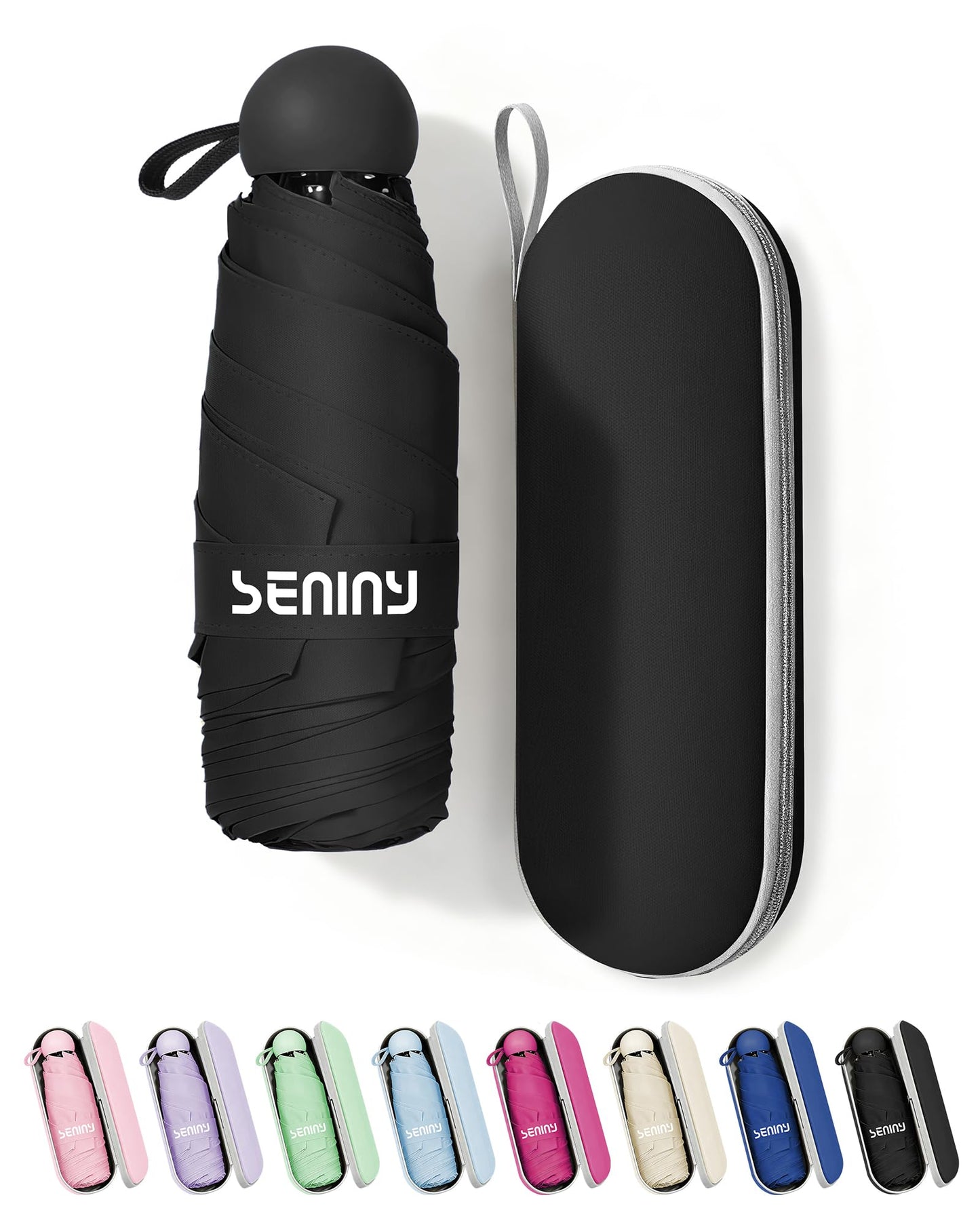 Seniny Mini Travel Umbrella with Case, Compact Pocket Size UV Sun & Rain