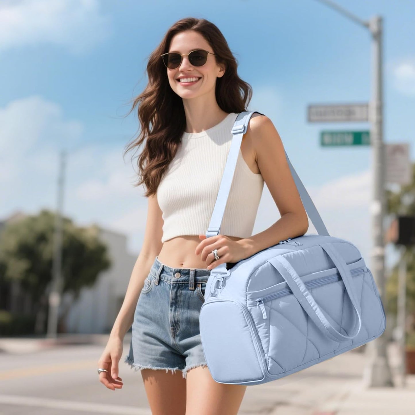 Gym Bag for Women, Puffer Travel Duffle Bag With Shoes Compartment & Wet Pocket, Carry On Tote Bag For Weekender, Overnight, Sport (Navy Blue)