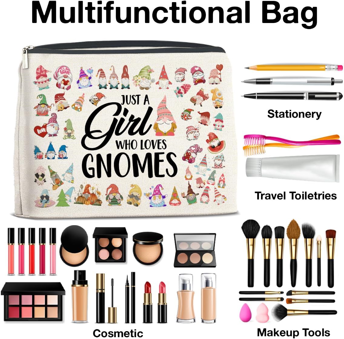 Gnome Lover Makeup Bag - Gifts for Women, Girl, Daughter, Sister, Bestie - Just a Girl Who Loves Gnomes Zipper Makeup Pouch