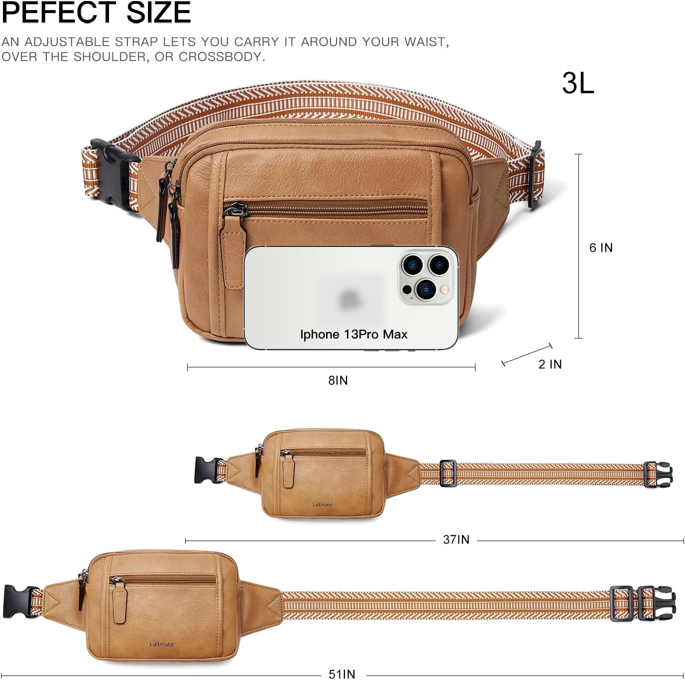 3L TRIPLE ZIP Fanny Packs Belt Bag For Women Men Crossbody Waist Pack Sling Chest Bum Travel Bag Purse Faux Leather Fashion Cute Tan