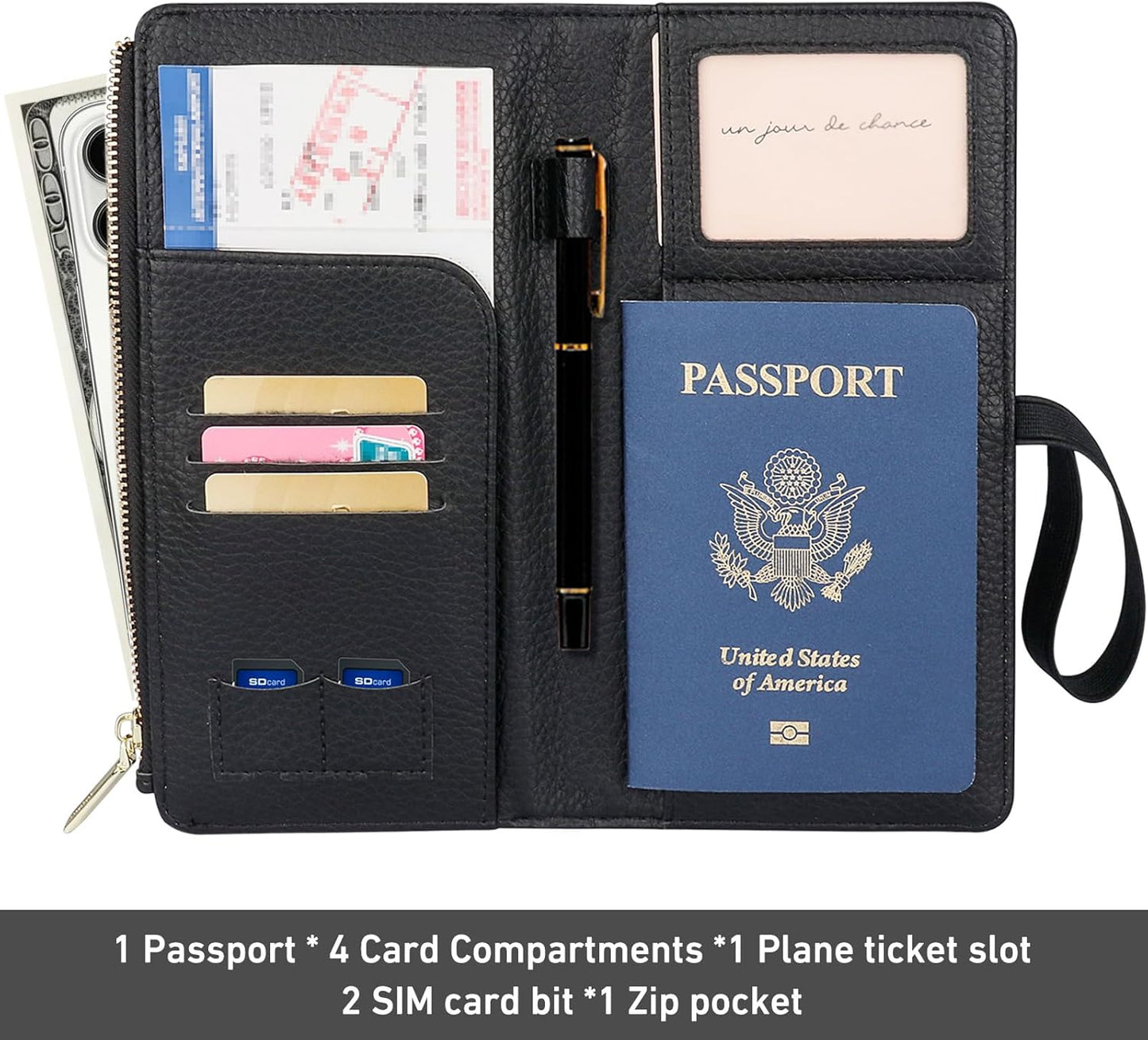 Real Leather Wallet RFID Blocking Passport Holder with Zipper Pocket Travel Organizer Pink (Black)