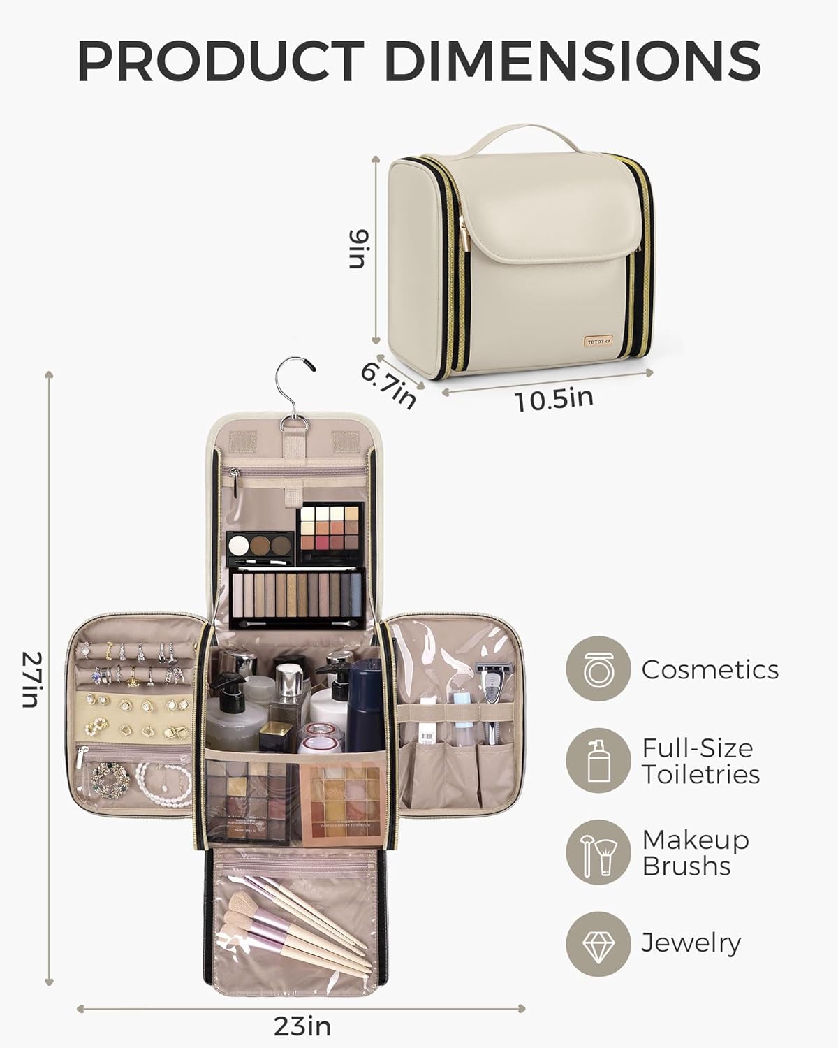 Hanging Toiletry Bag, PU Leather Makeup Bag Large Capacity with Jewelry Organizer for Brushes Set
