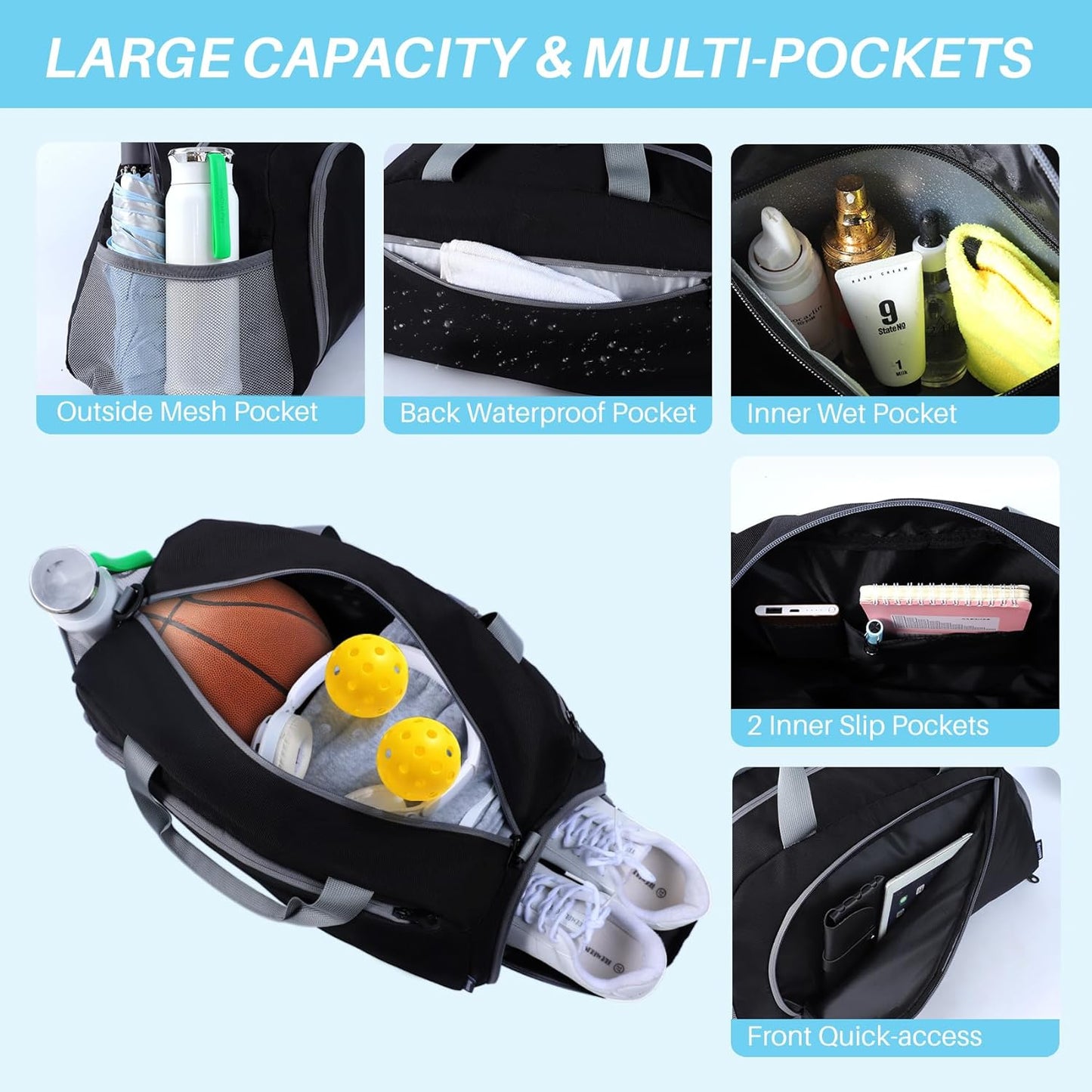 Pickleball Gym Bag for Women Men,Waterproof Small Sport Duffel Bag with Shoes Compartment and Wet Pocket for Travel Yoga Basketball Tennis,Black