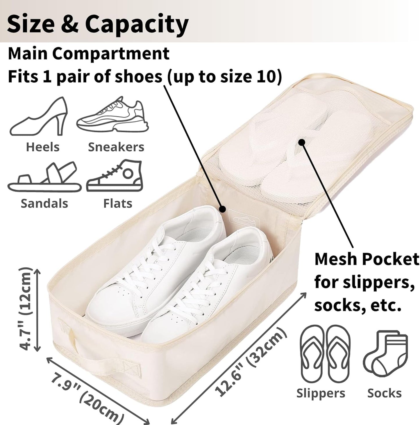 tianzong Travel Shoe Bag with Handle Holds 2 Pairs of Shoes, Shoe Packing Cubes for Travel (Beige, 2 Pack)