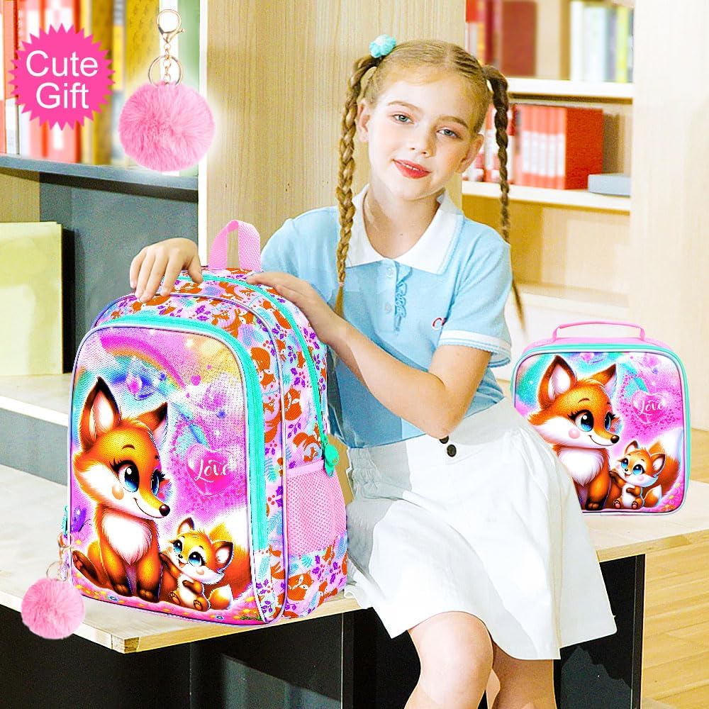 KLFVB 3PCS Girls Fox Backpack, Water Resistant Kids Bookbag with Lunch Box, 16" Preschool Backpacks for Elementary - Fox Pink