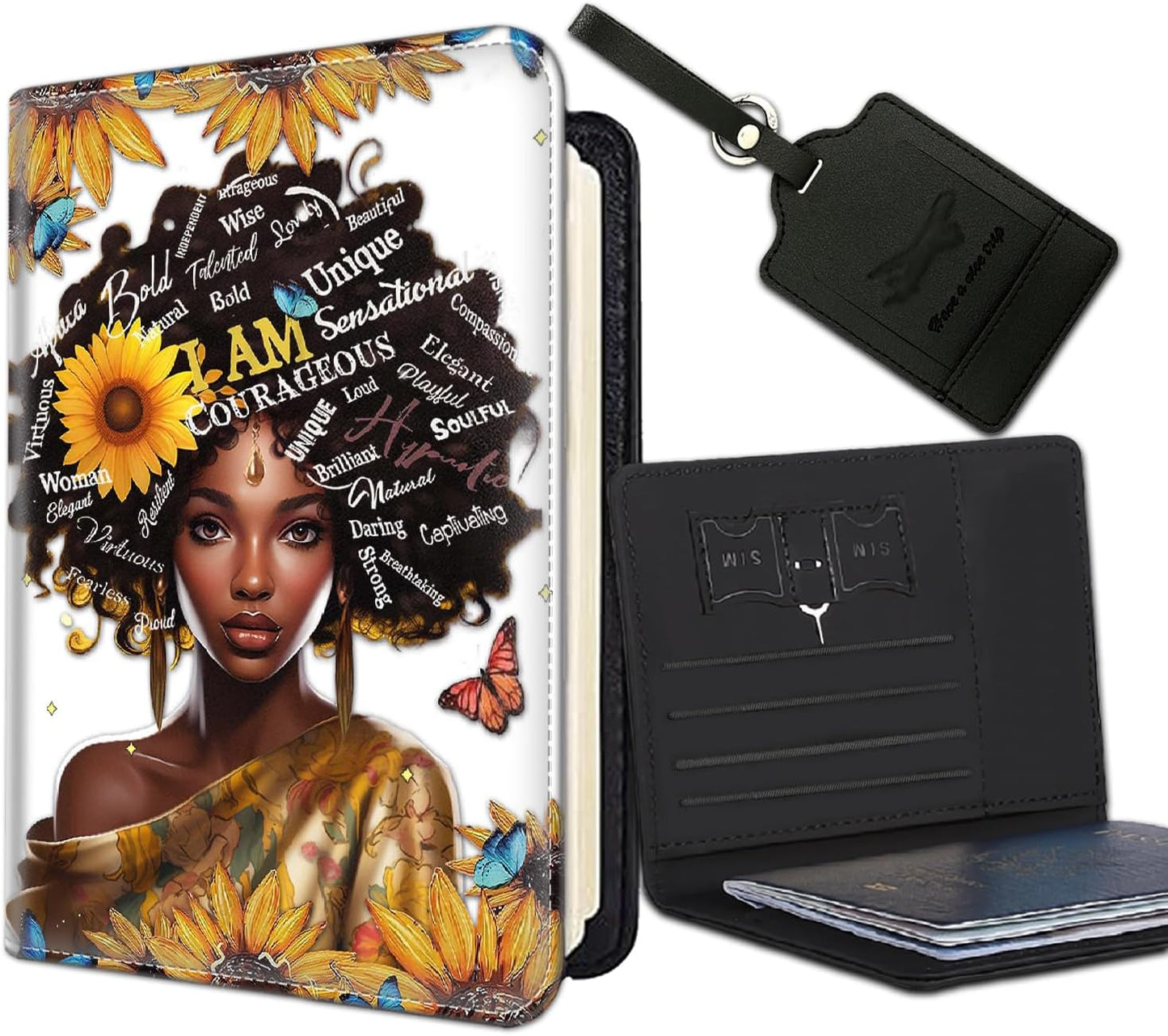 Passport Holder Women Wallet with Luggage Tag, Leather Passport Cover with RFID Blocking, Travel Accessories Multi Card Slot Passport Case for Men，African American Women Sunflower Butterfly