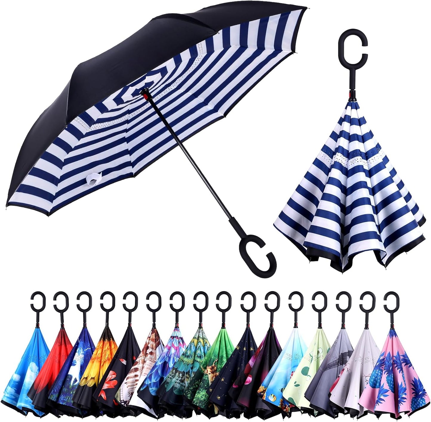 Inverted Umbrella, 49 Inch Double-Layer Vented Reverse Umbrella, Windproof Waterproof UV Protection, Lightweight C-Handle, Fiberglass Ribs, Steel Shaft, Travel/Commute/Car Use, With Sleeve