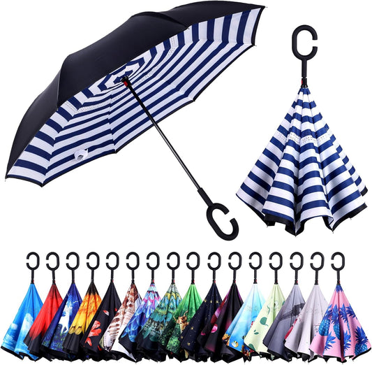 Inverted Umbrella, 49 Inch Double-Layer Vented Reverse Umbrella, Windproof Waterproof UV Protection, Lightweight C-Handle, Fiberglass Ribs, Steel Shaft, Travel/Commute/Car Use, With Sleeve