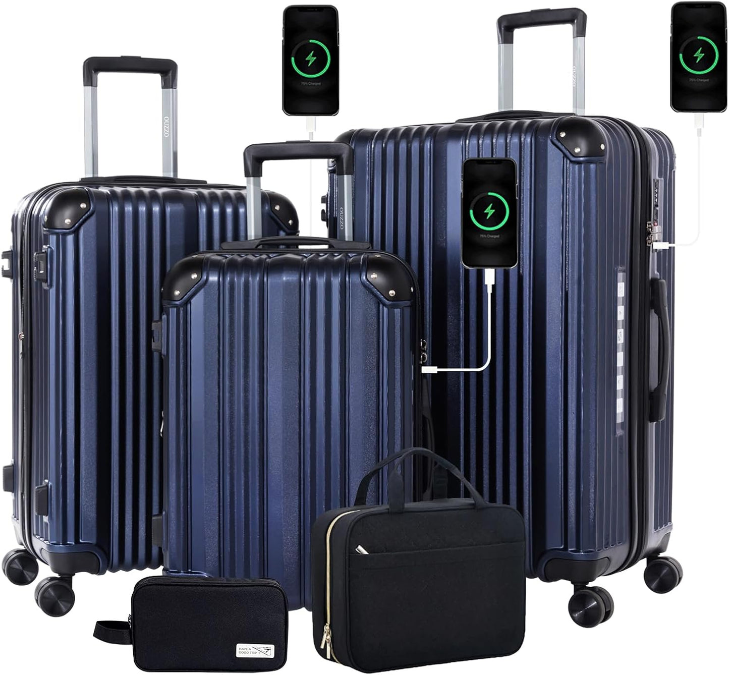 OUZZO 3-Piece Luggage Set, Hard-Shell Suitcases with USB Charging Port, 20/24/28-inch Spinner Wheels, Corner Protectors, TSA Approved, Expandable Luggage, Blue