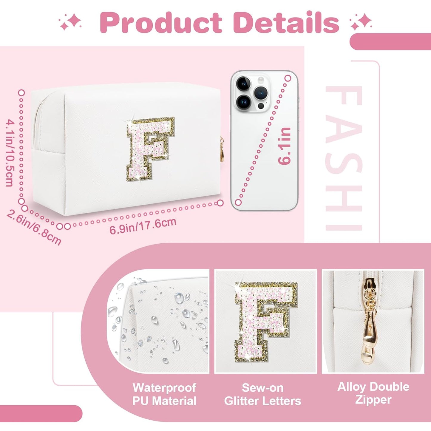 Small Initial Patch Makeup Bag Personalized Gifts Make Up Bag,White Cute PU Leather Glitter Letter Cosmetic Bag with Zipper,Trendy Portable Travel Toiletry Pouch,Preppy Stuff for Teen Girls Women F