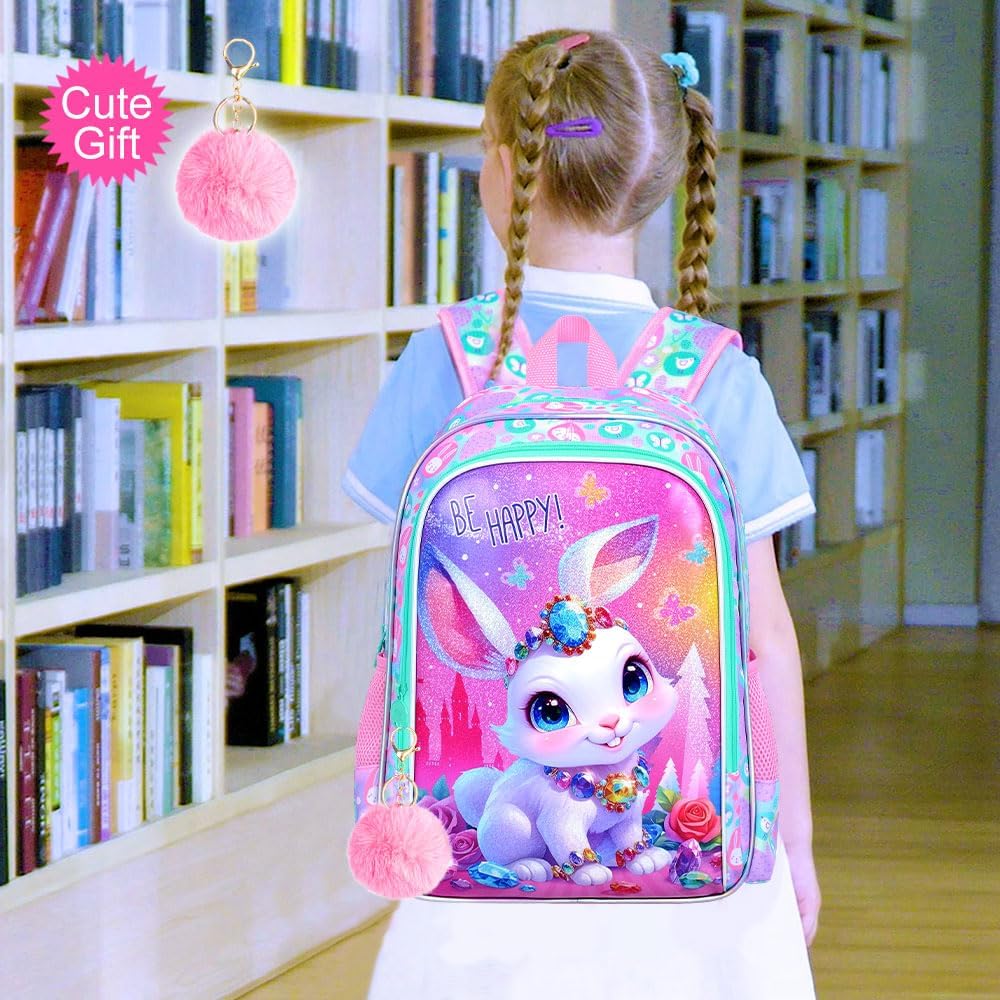 3Pcs Bunny Backpack for Girls, 16" Kids Bookbag for Elementary Preschool Kindergarten, School Backpacks with Lunch Box(Pink)