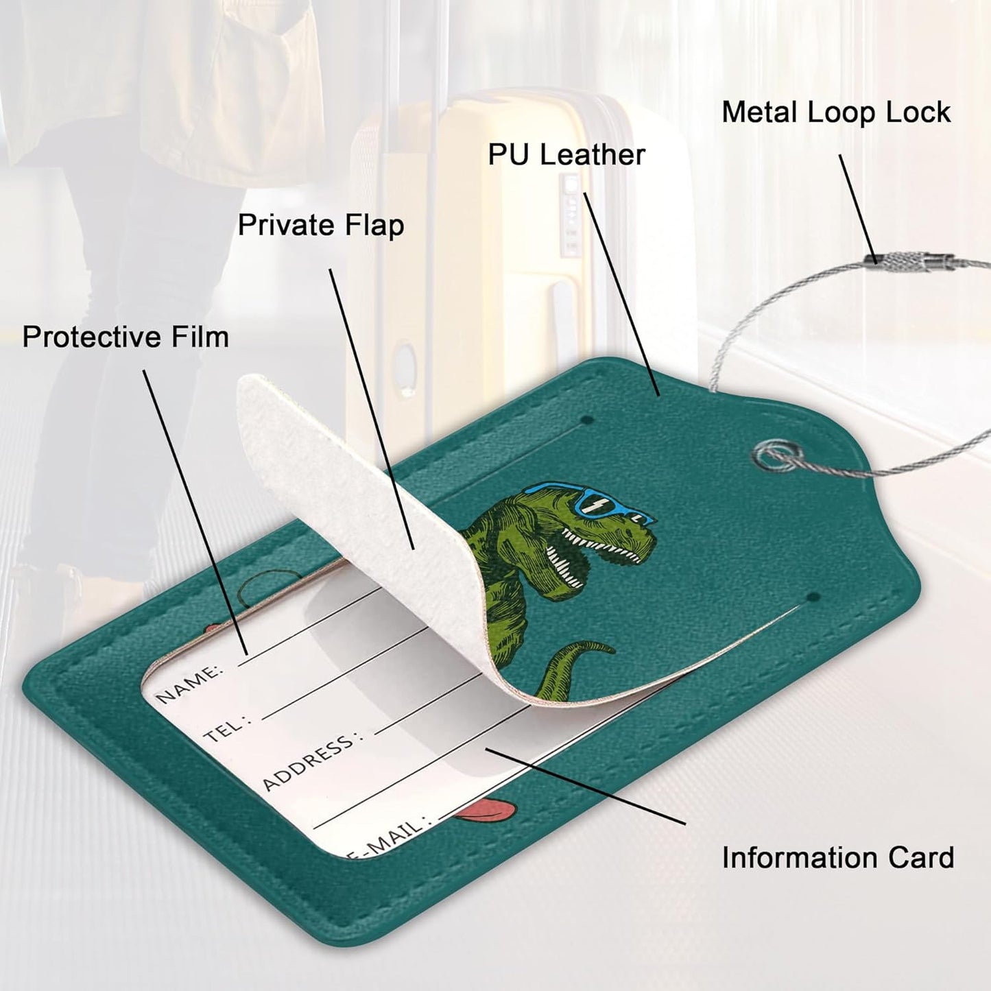2 Pack Luggage Tag for Suitcase,Dinosaur Leather Suitcase Tags Identifiers with Privacy Name Address Labels & Durable Steel Loop for Women/Men Travel,Happy Dinosaur Surfer