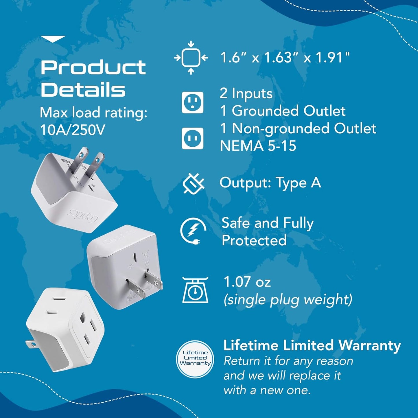 Japan, Philippines Travel Adapter Plug by Ceptics - USA 3 Pin Polarized to 2 Prong Unpolarized