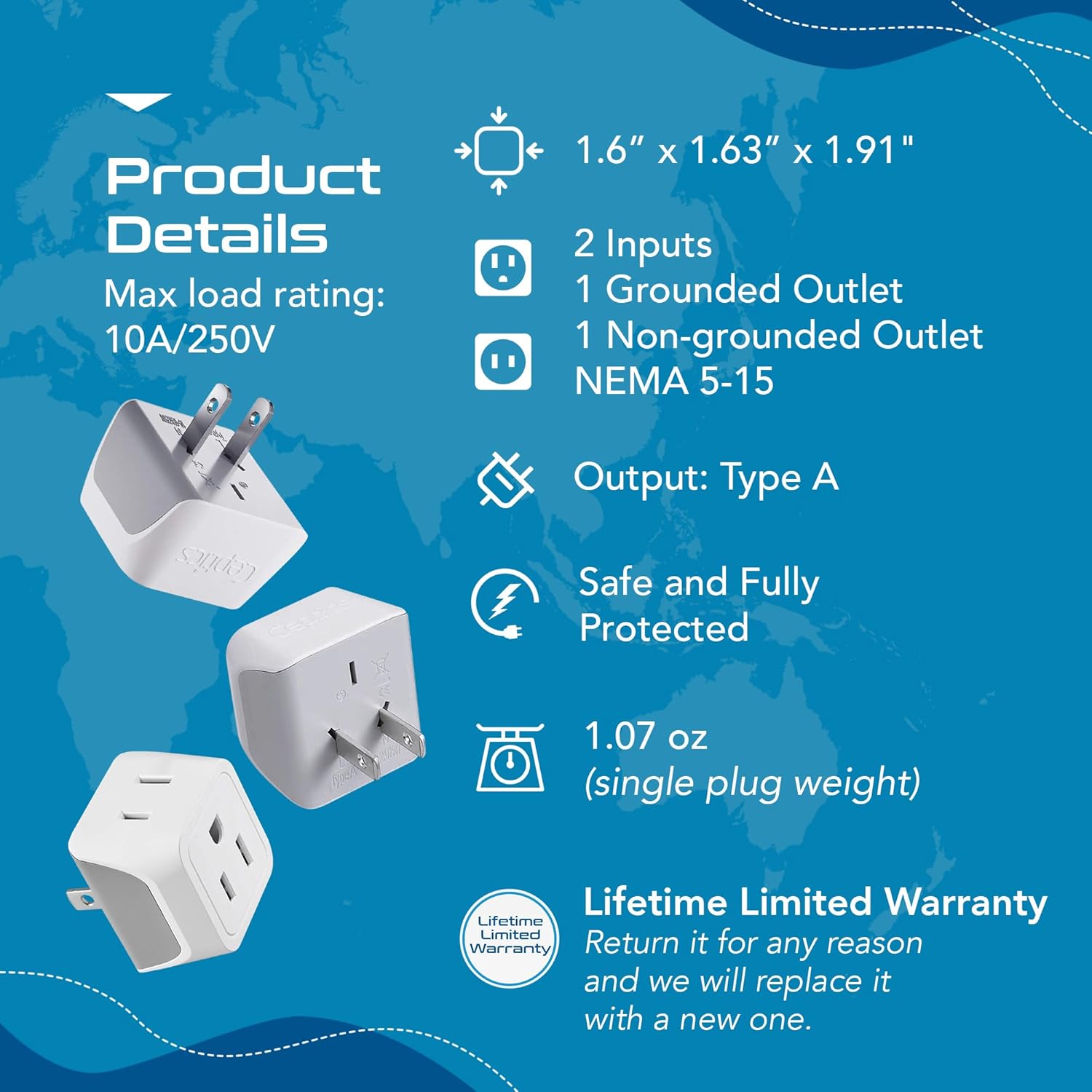 Japan, Philippines Travel Adapter Plug by Ceptics - USA 3 Pin Polarized to 2 Prong Unpolarized