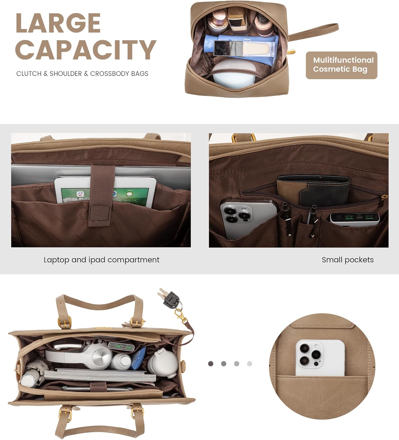 LOVEVOOK Laptop Bag for Women Vintage Leather Work Tote 15.6 inch Large Capacity Computer bag with Clutch Purse for Office, Travel, School, Casual