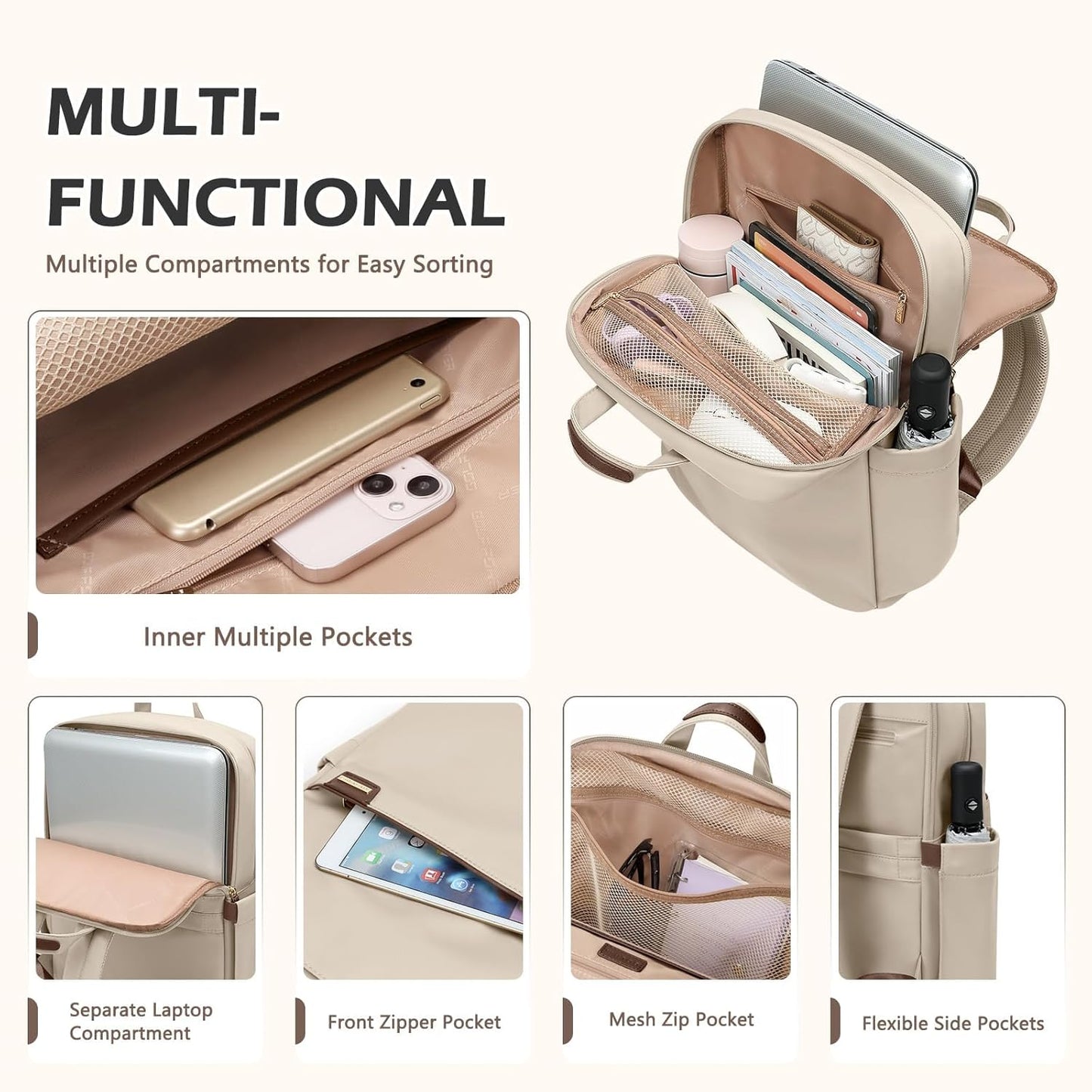 Slim Laptop Backpack for Women, Lightweight Business Backpack for Women Computer Bag Purse for Commuting, Fit 14Inch, Apricot