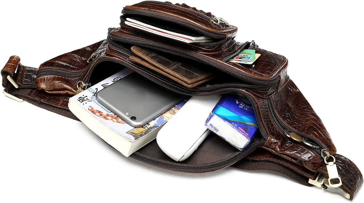 Genuine Leather Fanny Pack large capacity Crossbody Waist Bag with Zipper phone Pockets crocodile