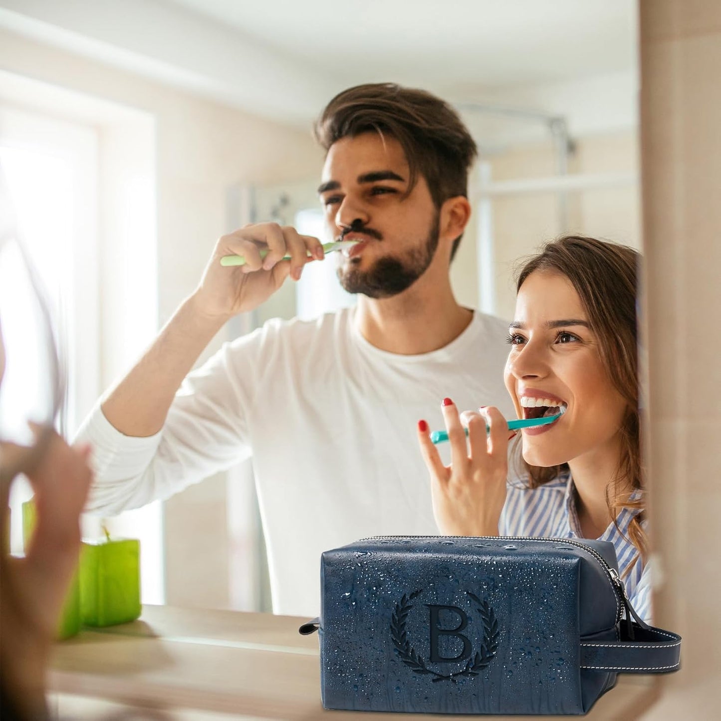 Personalized Gifts Travel Toiletry Bag for Men Engraved Initial PU Leather Waterproof Shaving Bag for Toiletries Accessories Fathers Day Birthday Gift for Men Dad Husband Son, Dark Blue O