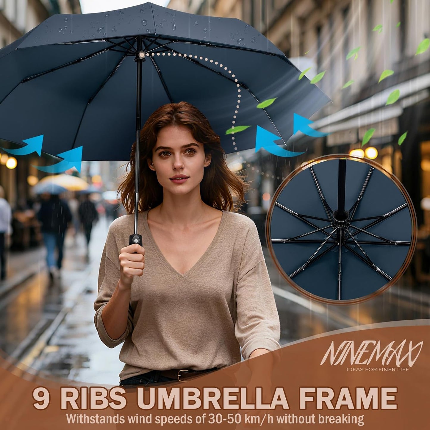 NINEMAX Travel Folding Umbrella Windproof for Men Women, Portable Compact Umbrellas Automatic Open and Close for Rain