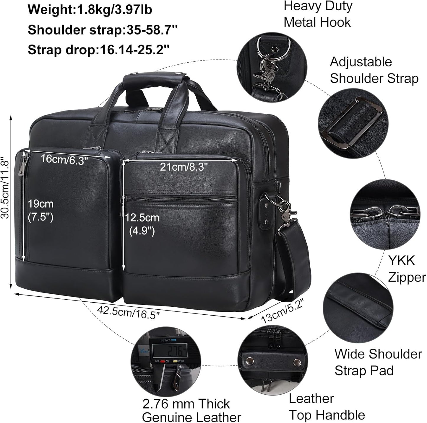 Leather Briefcase for Men Expandable Large 17 Inch Laptop Crossbody Shoulder Bag Business Travel