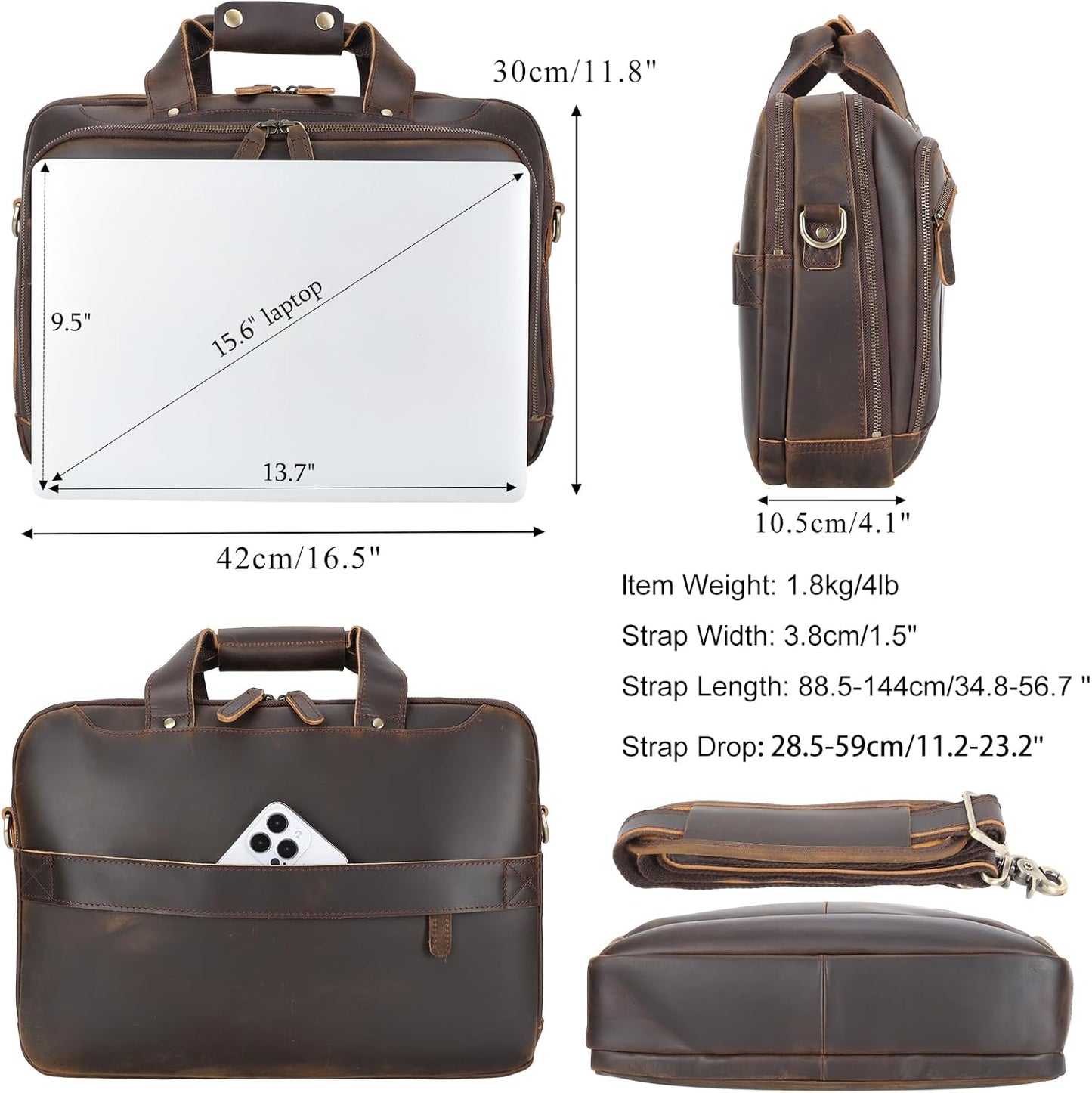 Masa Kawa Leather Briefcases Laptop Bag for Men for 15.6 inch Computer Vintage Brown Crossbody Shoulder Messenger Bags, Business Travel Office Work Teacher Organizer Professional Brief Case Handbag