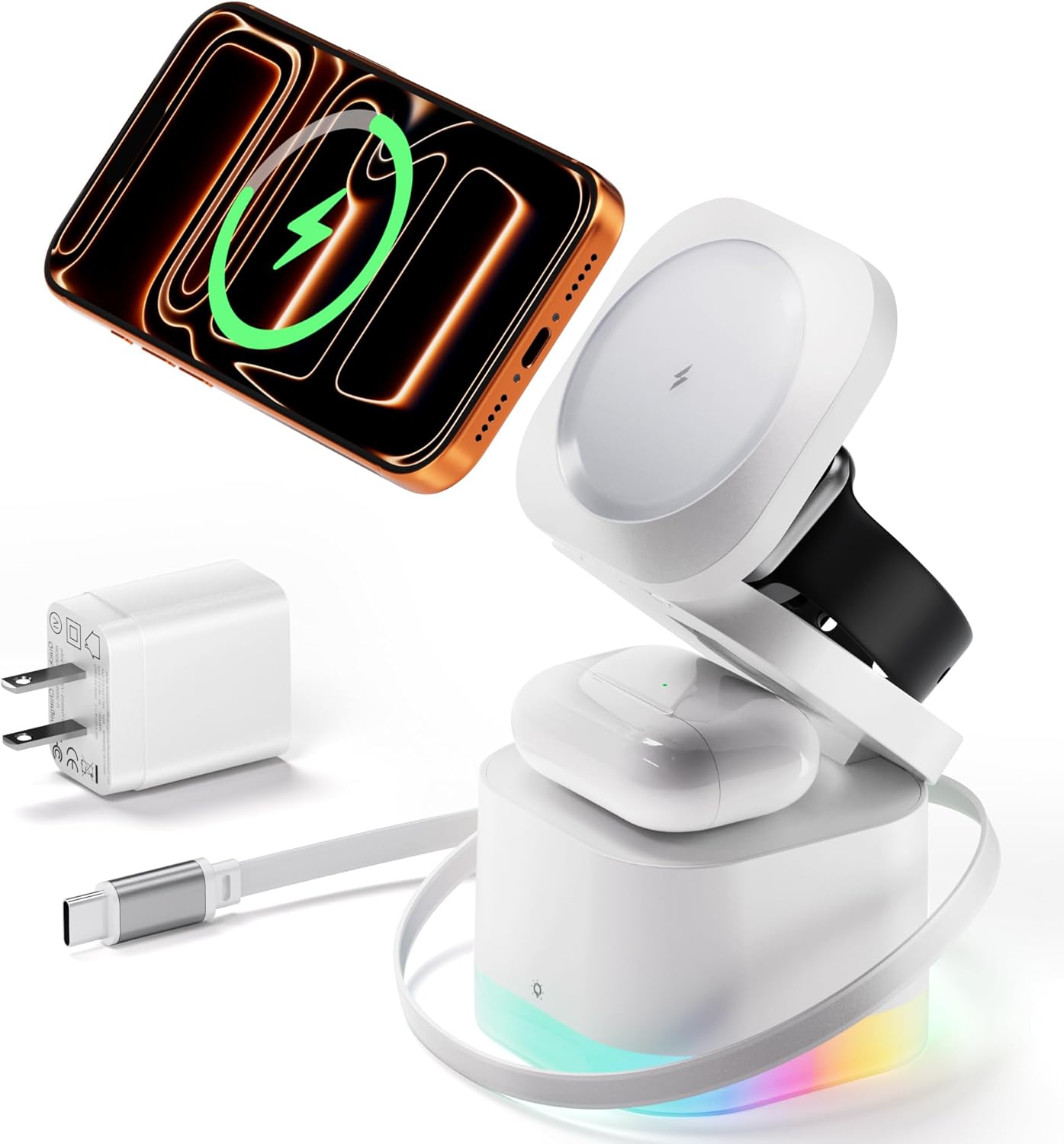 5 in 1 Wireless Charger, Foldable Wireless Charging Station with Night Light for Apple Magnetic Charger, Retractable Cable Travel Charger Stand for iPhone 17/16/15/14/13/12, Apple Watch, AirPods Pro 3