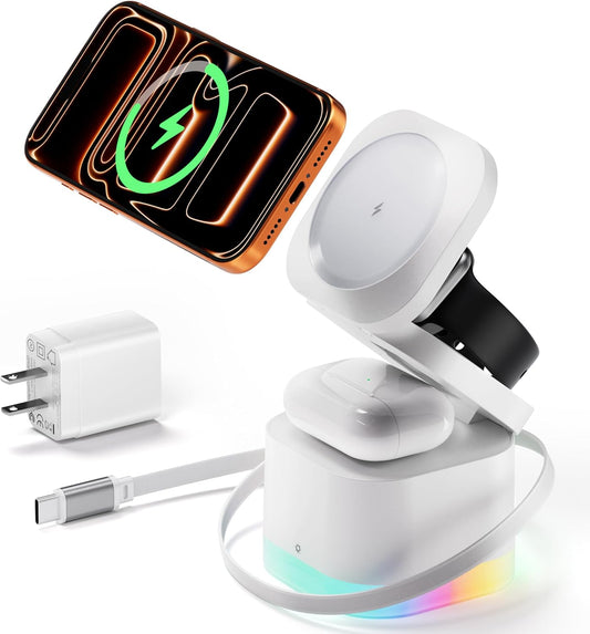 5 in 1 Wireless Charger, Foldable Wireless Charging Station with Night Light for Apple Magnetic Charger, Retractable Cable Travel Charger Stand for iPhone 17/16/15/14/13/12, Apple Watch, AirPods Pro 3