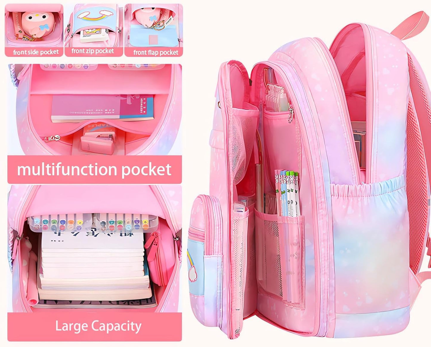 3Pcs Girl Backpack Set, Cute Kids Rainbow School Bag Backpack,School Bookbag For Girl With Shoulder Bag And Pencilcase