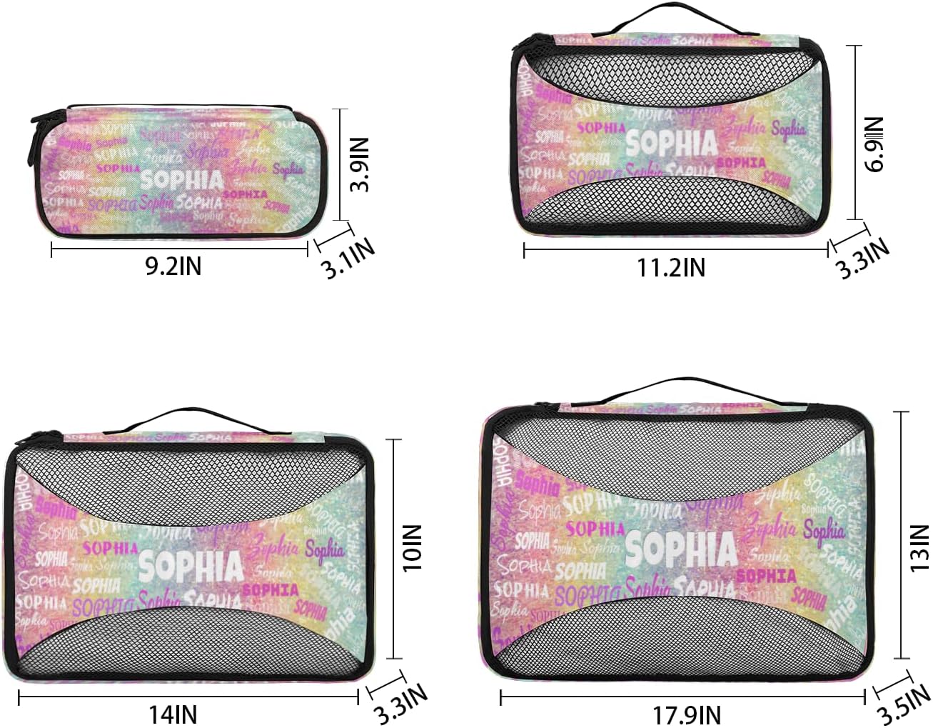 Custom 4 Packing Cubes Set, Lightweight Mesh Travel Luggage Organizers for Travel, 4 Pieces Suitcase Storage Bags, Colorful Rainbow Glitter