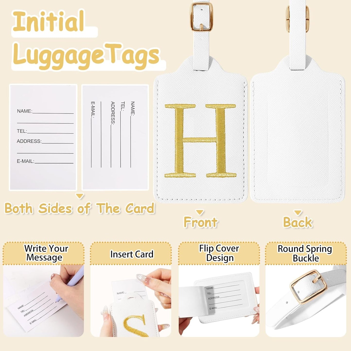 Initial Luggage Tags for Suitcases, Cute Embroidered Letter Luggage Bag Suitcase Identifier Name Baggage Tag, PU Leather Travel Luggage Tags, Bag Tags for Men Women Kids Luggage Handbags(White H)