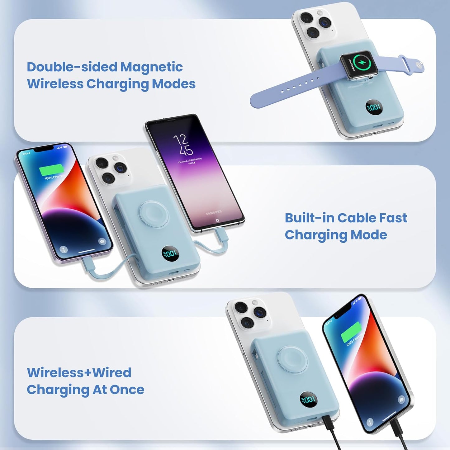 Magnetic Portable Charger for iPhone with Built-in Cables,6-in-1 10800mAh Power Bank with iWatch Charger & LCD Display,25W Fast Charging Battery Pack for iPhone 17/16/15/14/13/12,Apple Watch(Sky Blue)