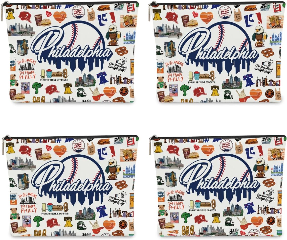 4PCS Philadelphia Themed Makeup Bag - Philadelphia Souvenirs Gift for Women, Best Friend, Sister - Travel Friendly Cosmetic Bag, Birthday Christmas Gifts