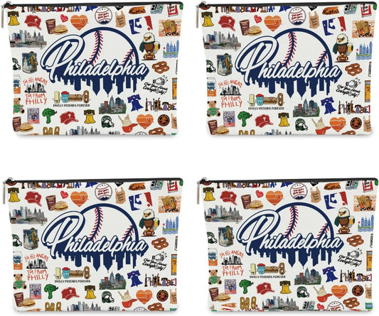 4PCS Philadelphia Themed Makeup Bag - Philadelphia Souvenirs Gift for Women, Best Friend, Sister - Travel Friendly Cosmetic Bag, Birthday Christmas Gifts
