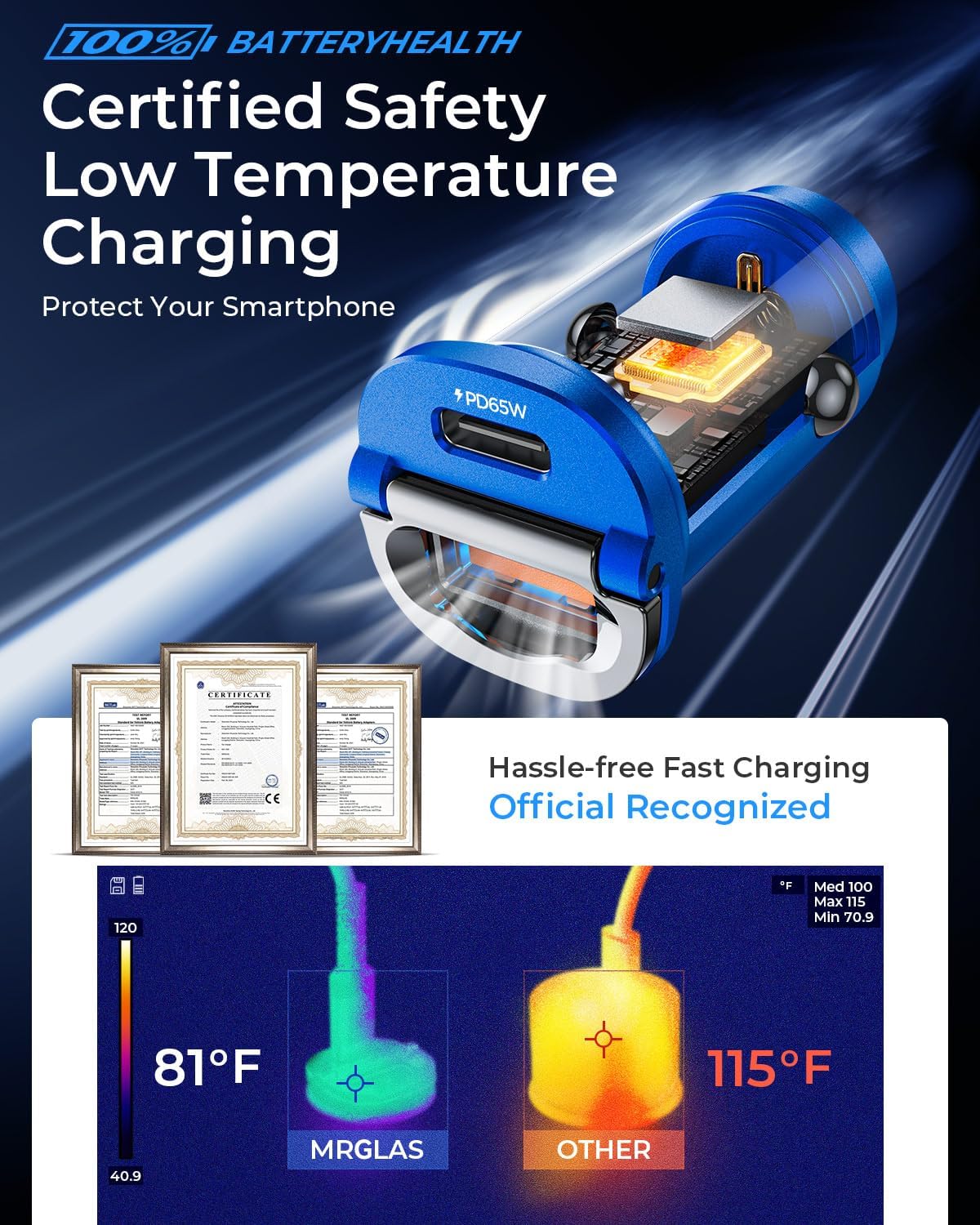 【Upgraded】 125W USB C Car Charger Super Fast Charging for iPhone 16, [PD65W & QC60W][All Metal] MRGLAS Cigarette Lighter Car Charger,Dual Port for iPhone 16 15 Pro iPad Samsung S25 S24 MacBook-Blue
