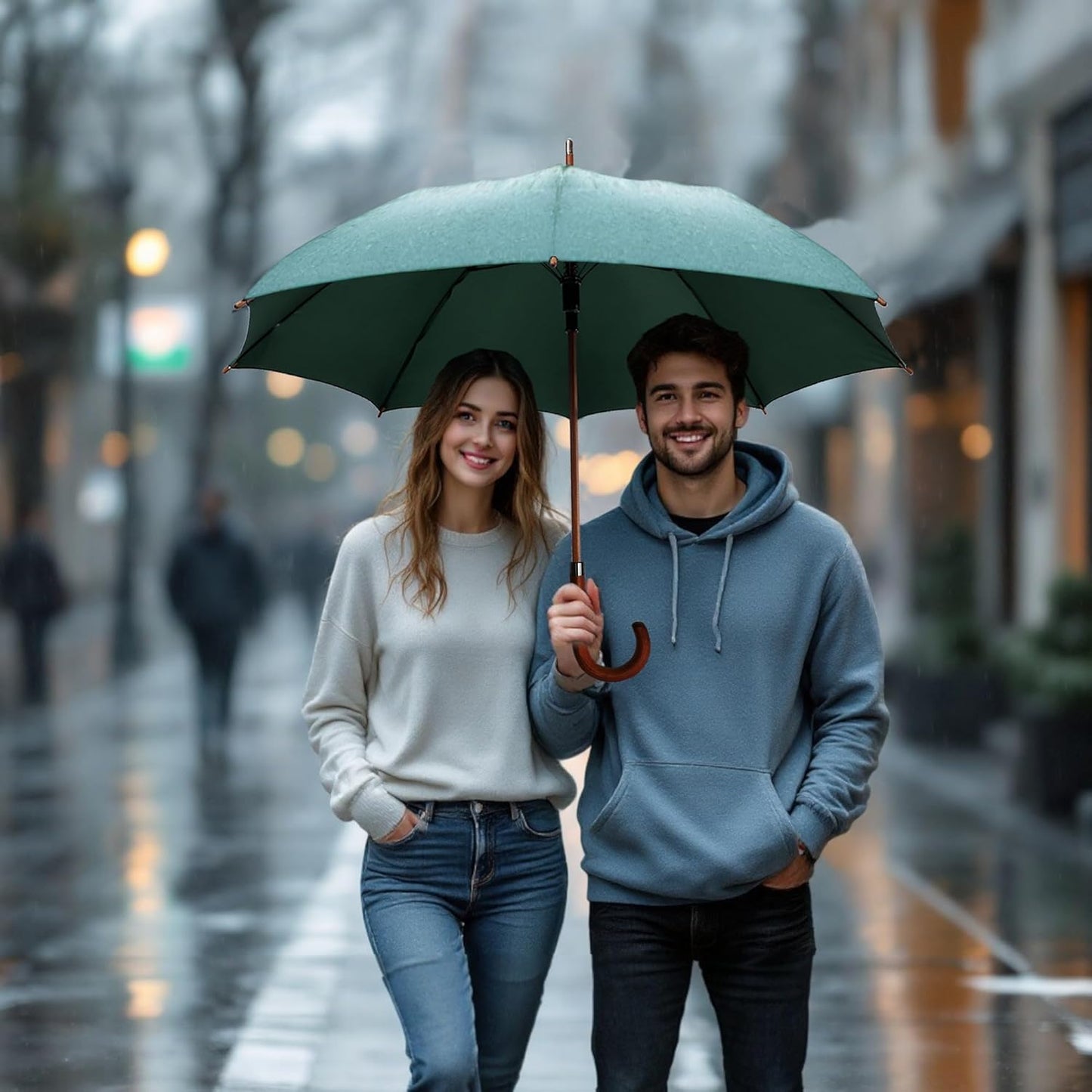 SoulRain 48" Large Umbrella –Windproof Stick Umbrellas for Rain, Automatic Open, Vintage Cane green Umbrella with Classic Wooden Handle & Shaft,for Women & Men(Green)