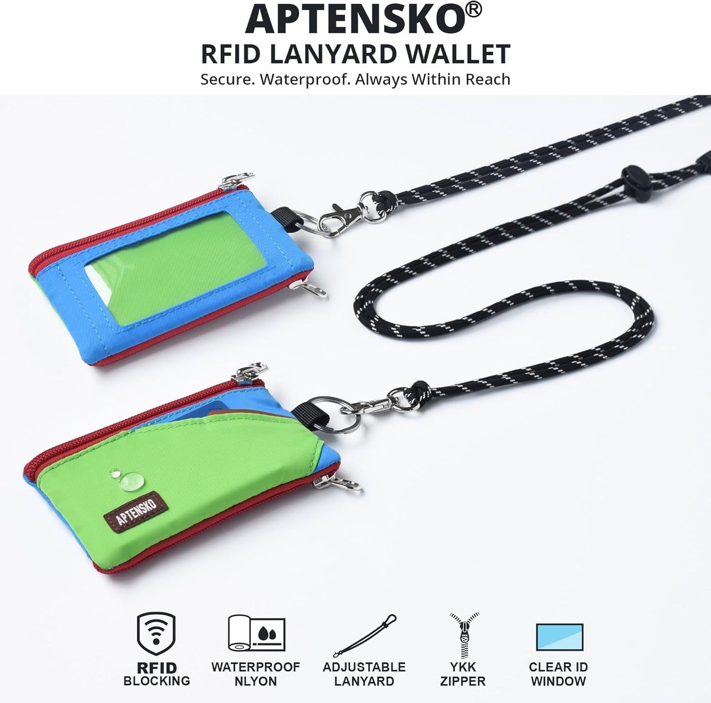RFID Travel Wallet with Adjustable Lanyard-Zipper Small Wallet with ID Card Holder, Keychain for women&men-Minimalist Slim Waterproof Nylon case for ID, Cash, Key (Green+SkyBlue)