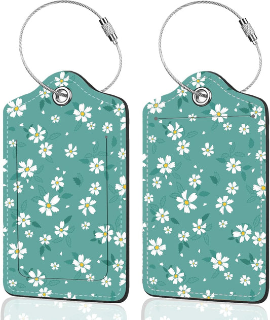 2Pack Luggage Tags for Suitcases, Cute Unique Pu Leather Cruise Luggage Tag with Privacy Cover ID Label Address Card and Metal Ring Suitable for Women Men Kids Travel Bag White Chopped Flower 7