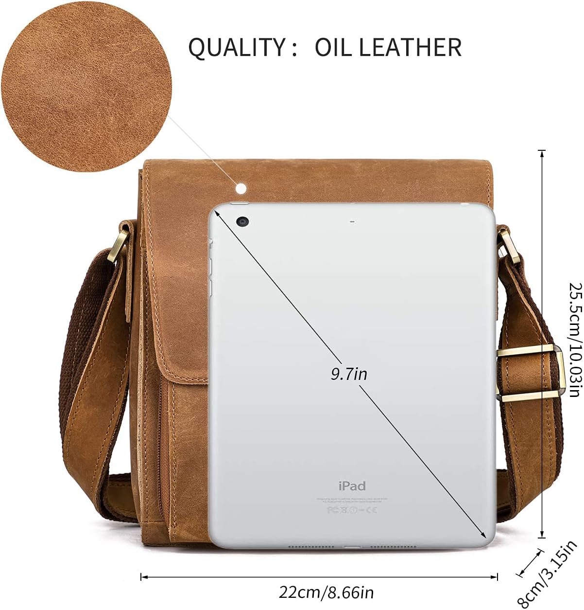 Augus Leather Messenger Crossbody Shoulder Bag for Men Work Business Casual Adjustable straps With