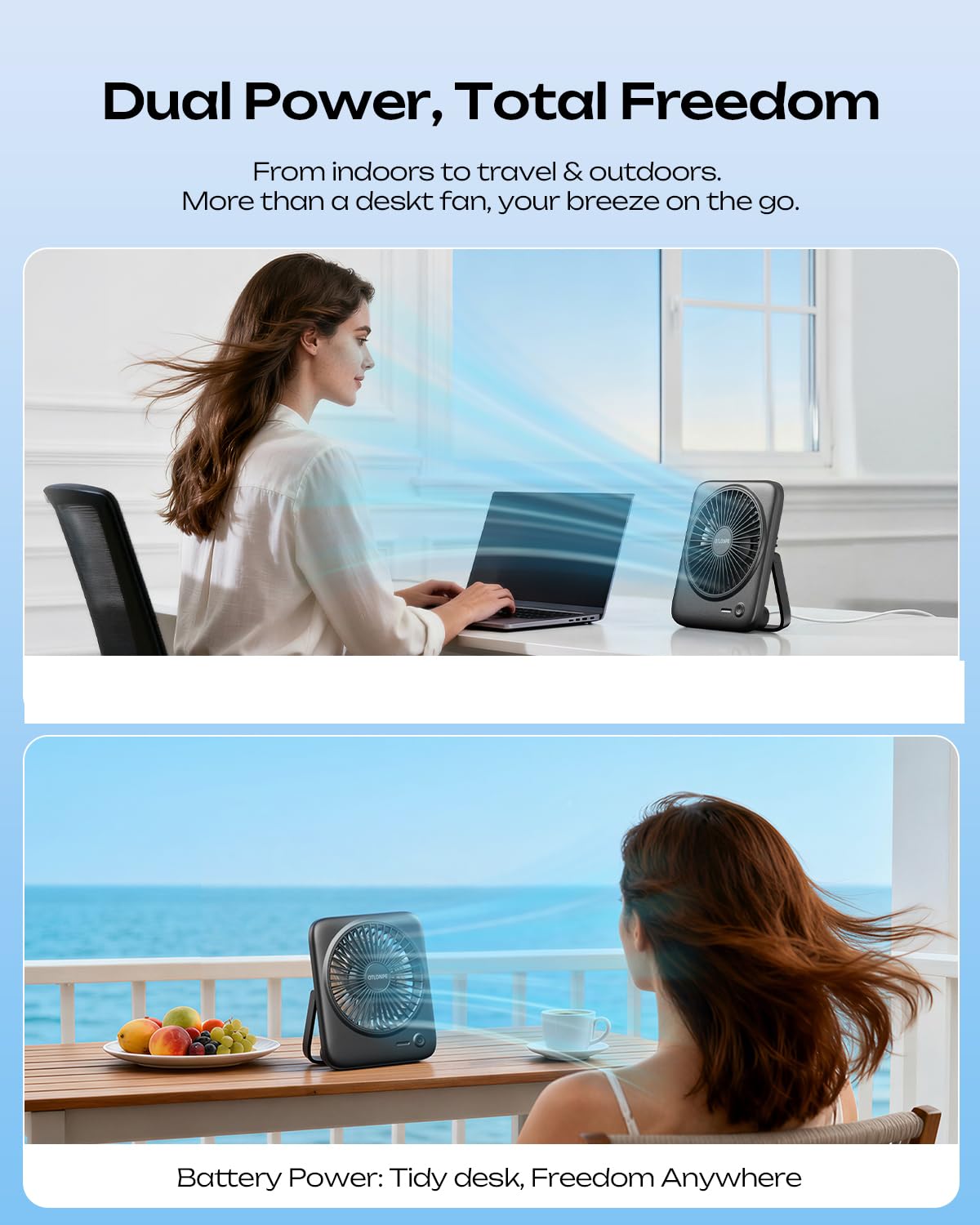 Otlonpe Personal Portable Desk Fan, 4000mAh Small Rechargeable Portable Fan Battery Operated & USB