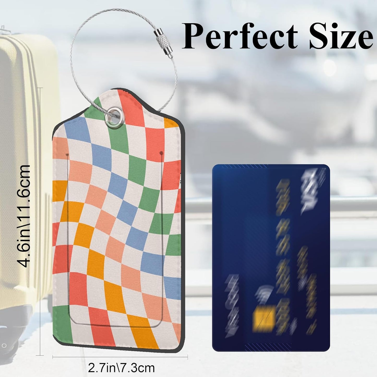 Set of 2 Luggage Tags for Suitcases, Leather Abstract Colorful Twisted Checkered Baggage Tags with Stainless Steel Loop, Privacy Name ID Card Cover Travel Labels for Women Men Kids Girls