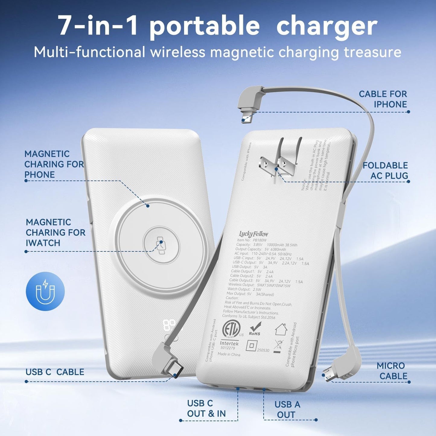Magnetic 10000mAh Portable Charger for iWatch & iPhone, 22.5W USB C Fast Charging Wireless Power Bank Built-in Cables and Wall Plug, External Travel Battery Pack Compatible with iOS Android Devices